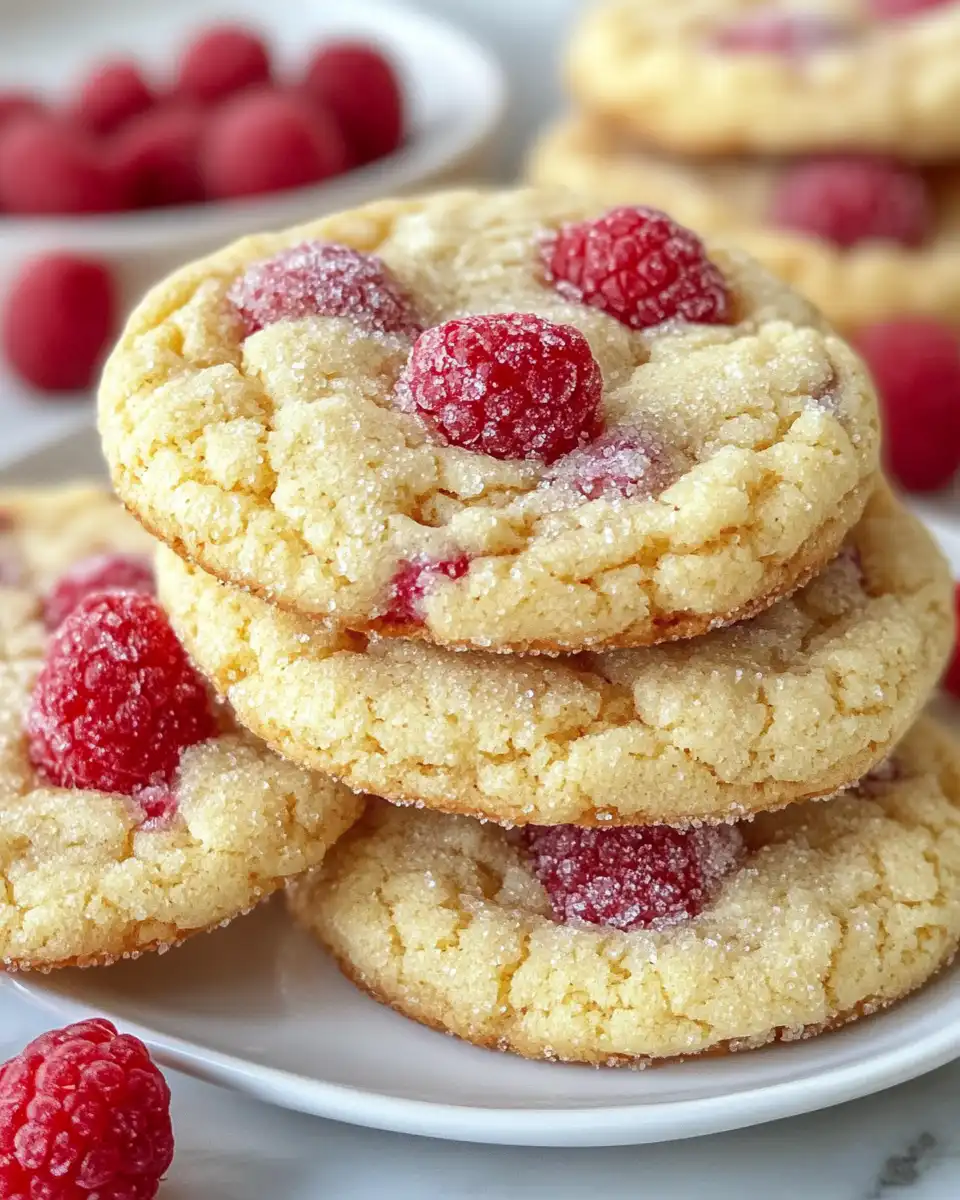 Finished raspberry sugar cookies stacked on a white plate ready to serve