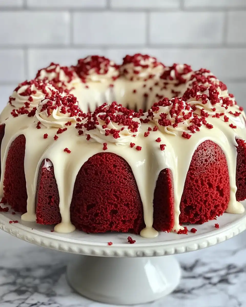 Slice of red velvet poke cake with whipped cream and Oreo crumbs topping served on plate