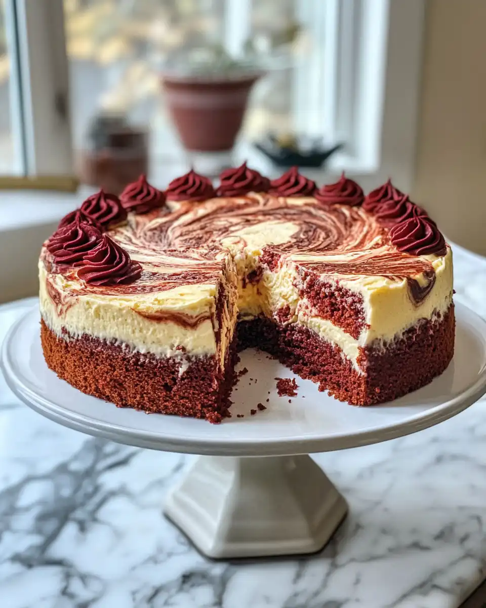 Sliced pressure cooker red velvet cheesecake swirl cake served on plate