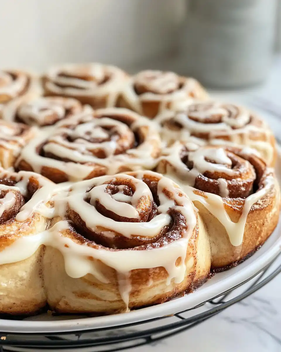 Close up of finished red velvet cinnamon rolls with cream cheese frosting