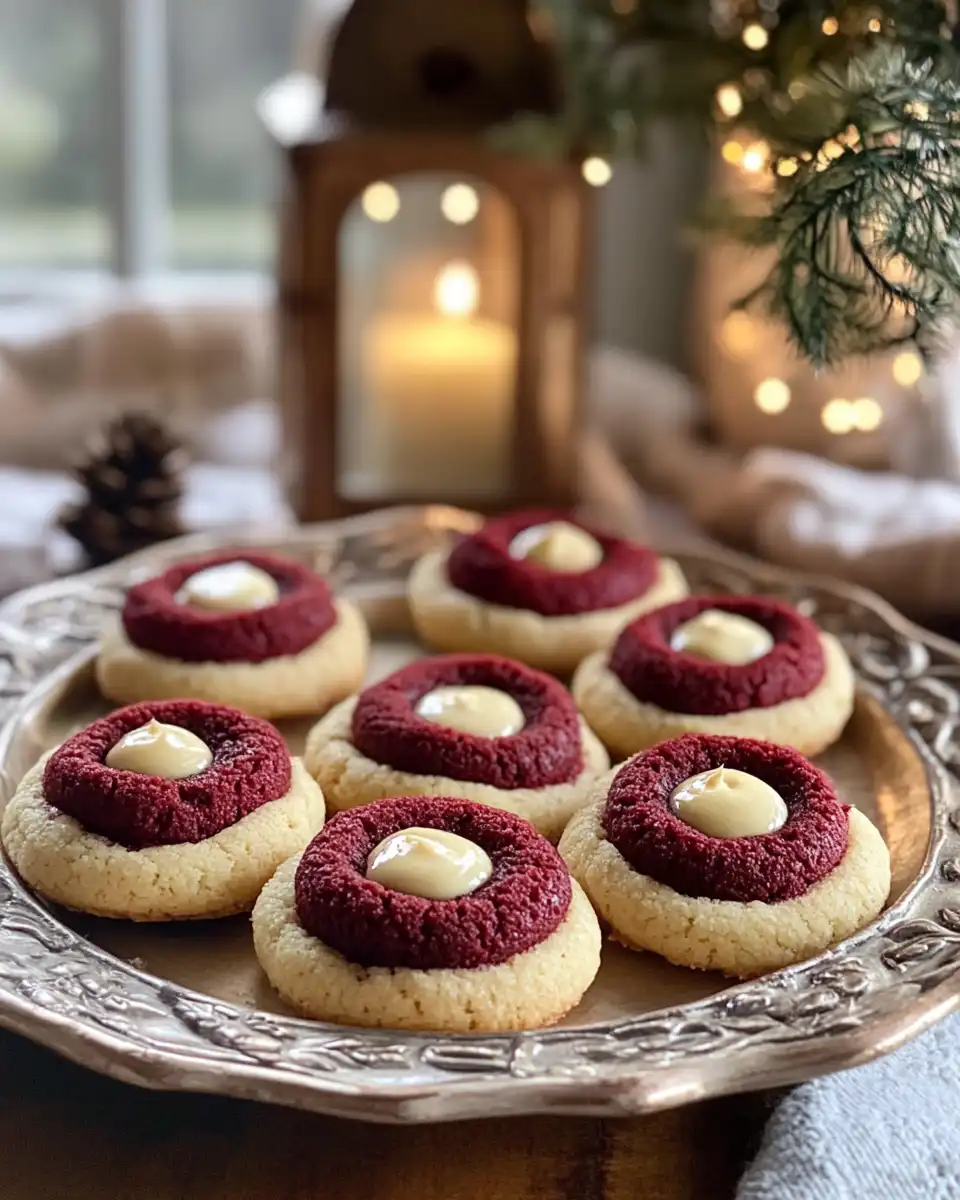 Finished red velvet cream cheese thumbprint cookies served on plate