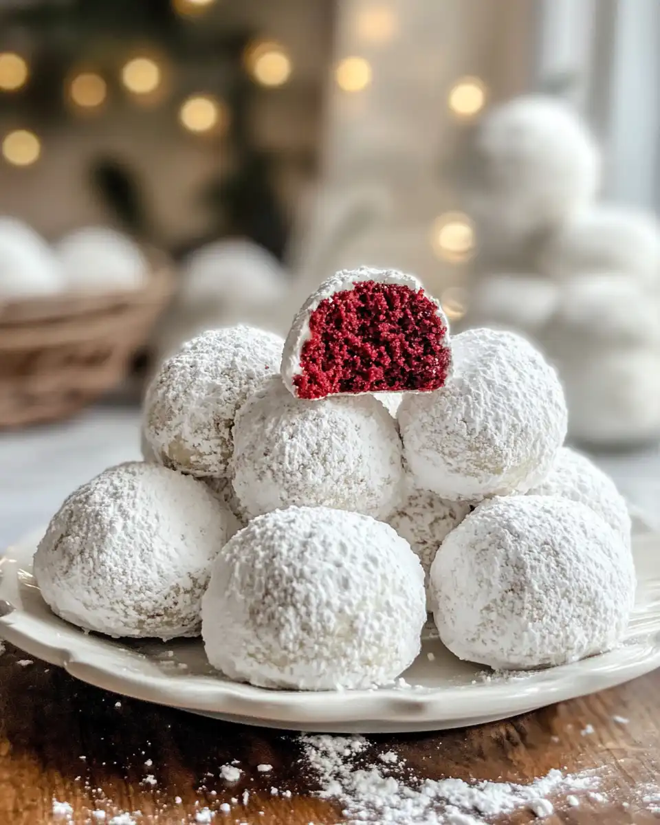 Finished red velvet snowball cookies stacked with powdered sugar coating