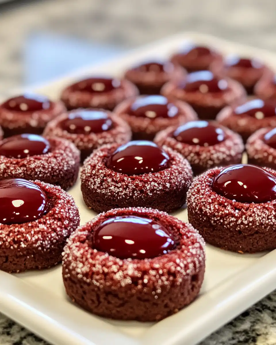 Ingredients for red velvet thumbprint cookies including flour and red food coloring