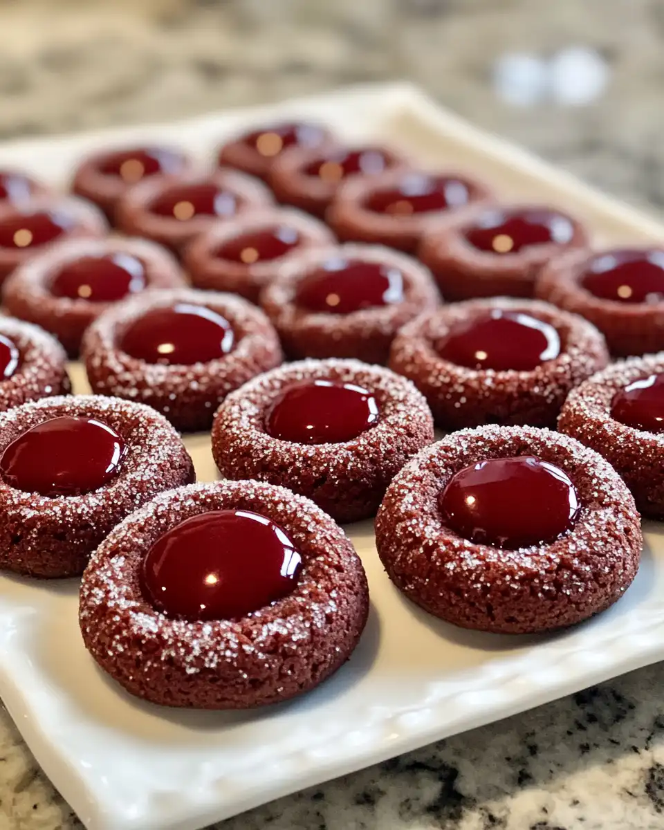 Finished red velvet thumbprint cookies served on plate