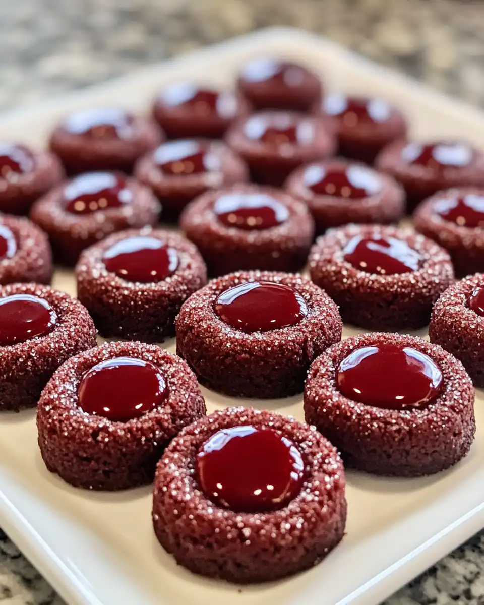 Close up of fresh red velvet thumbprint cookies with vibrant red dough