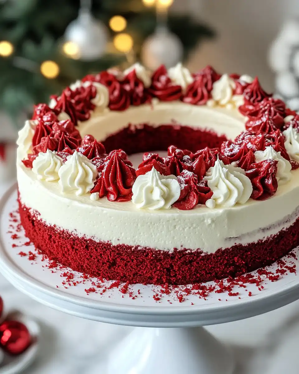 Slice of red velvet wreath cake served on a white plate