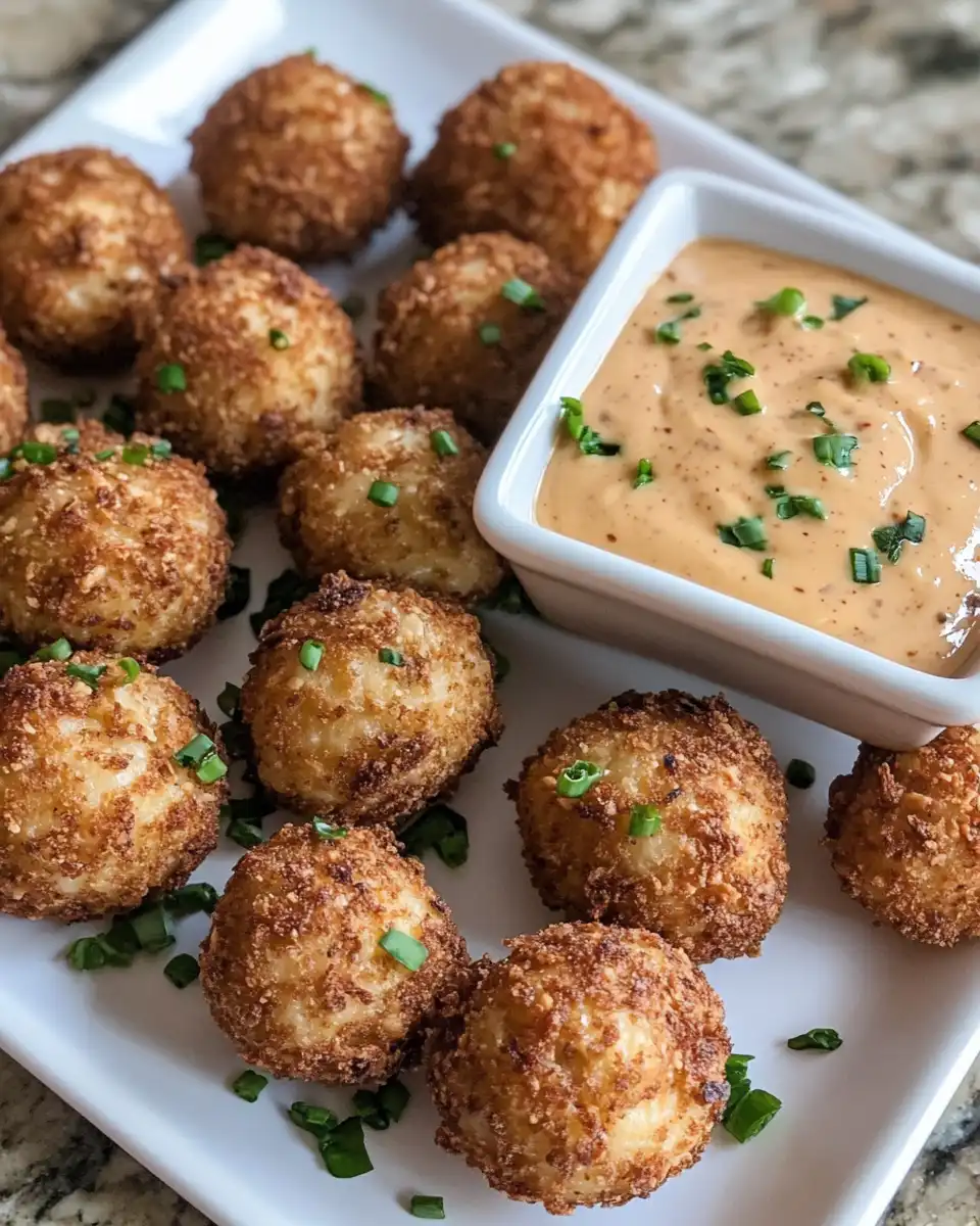 Serving plate of golden fried Reuben balls with spicy dipping sauce