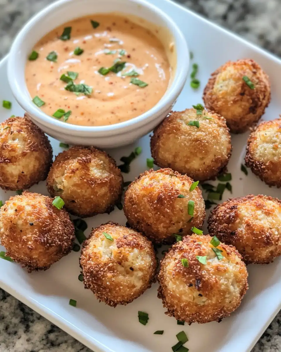 Close up of Reuben balls appetizer with spicy Thousand Island dipping sauce