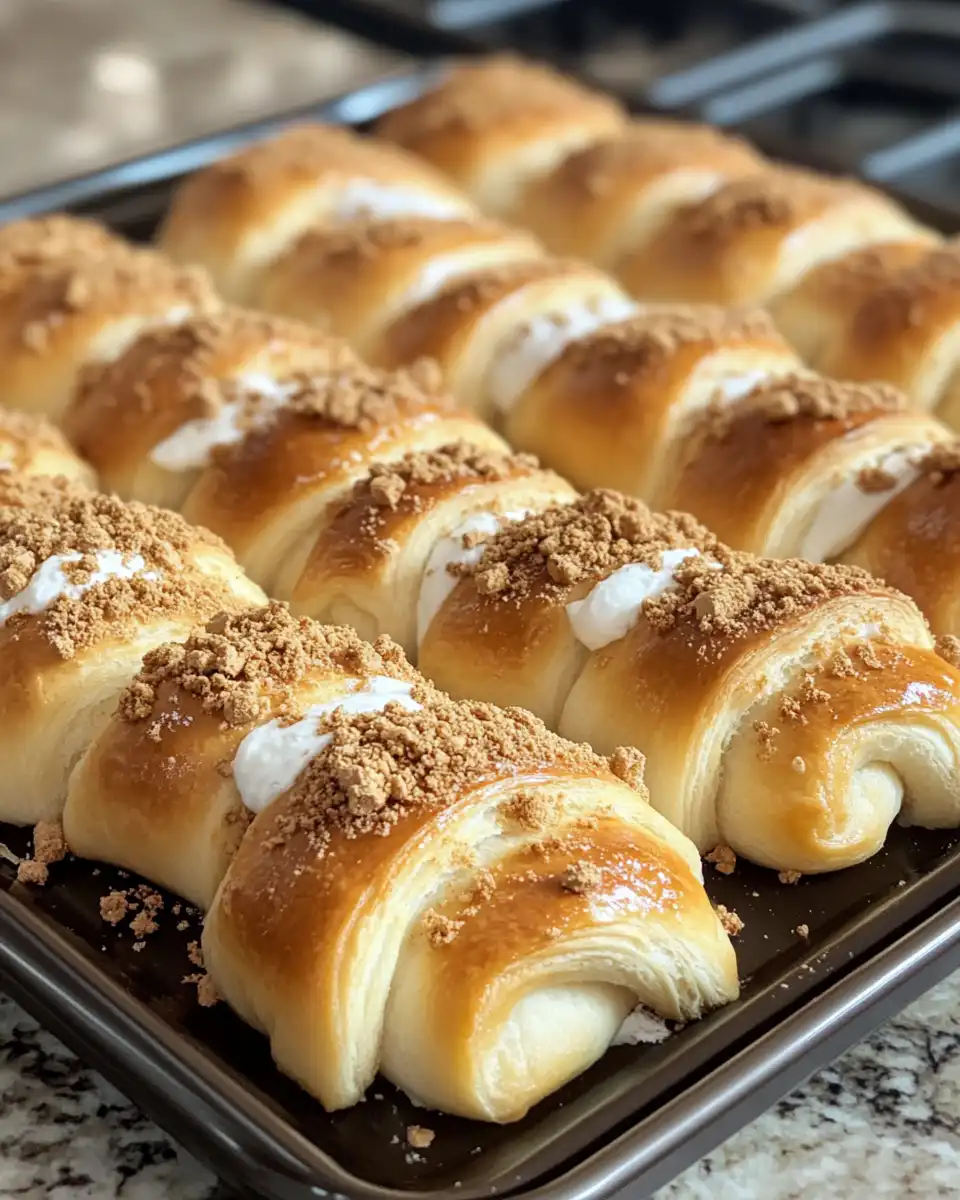 Close up of golden brown s'mores crescent rolls showing melted chocolate and marshmallow