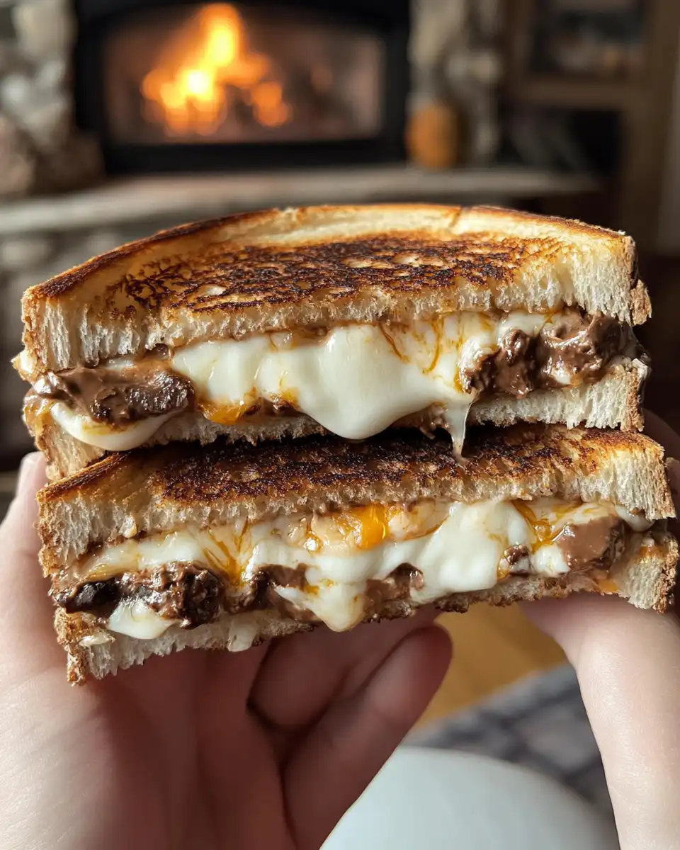 Close up of grilled s'mores sandwich showing melted chocolate and marshmallows inside