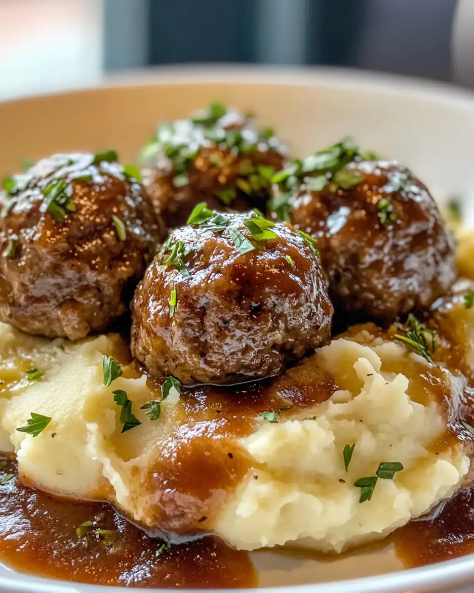 Final plated Salisbury steak meatballs and creamy garlic herb mashed potatoes