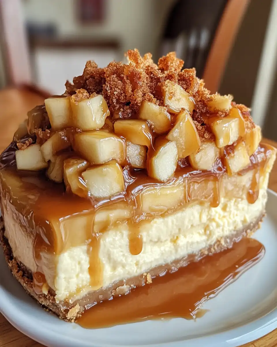 Slice of caramel apple cheesecake pie with crumble and caramel drizzle served
