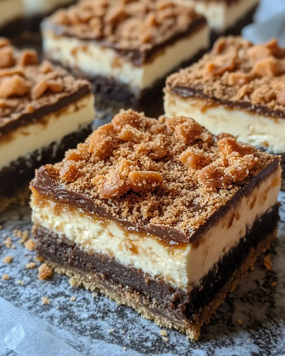 Close up of salted caramel Butterfinger cheesecake bar with caramel drizzle on top