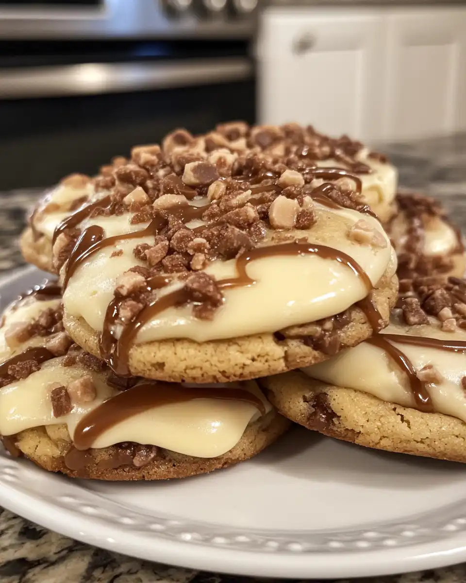 Close up of cheesecake filling inside caramel cookies
