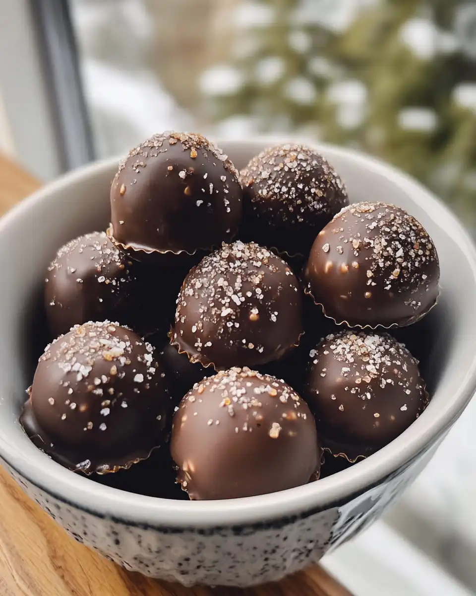 Finished salted caramel truffles coated in cocoa powder