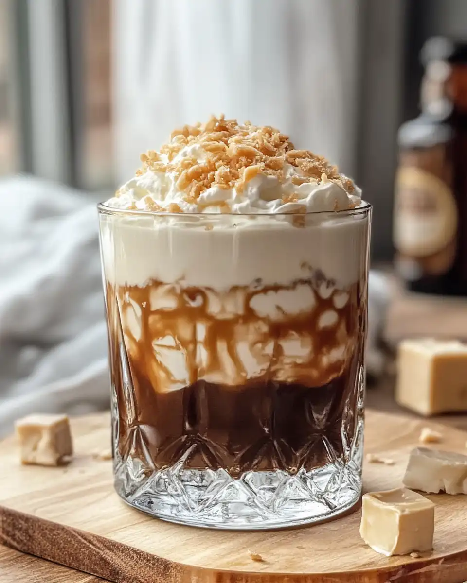 Ingredients for Salted Caramel White Russian cocktail including Kahlua, vodka, caramel sauce and cream
