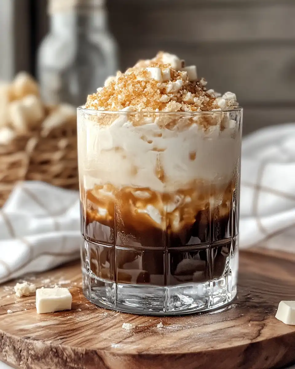 Close up of Salted Caramel White Russian cocktail showing layers and caramel drizzle on top