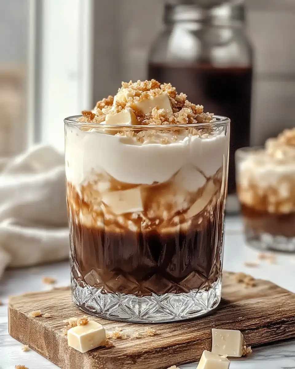Salted Caramel White Russian in lowball glass with caramel drizzle and salted rim