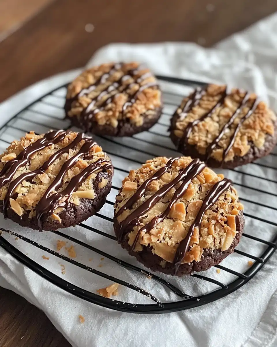 Final pressure cooker Samoas cookies with chocolate drizzle and caramel coconut topping