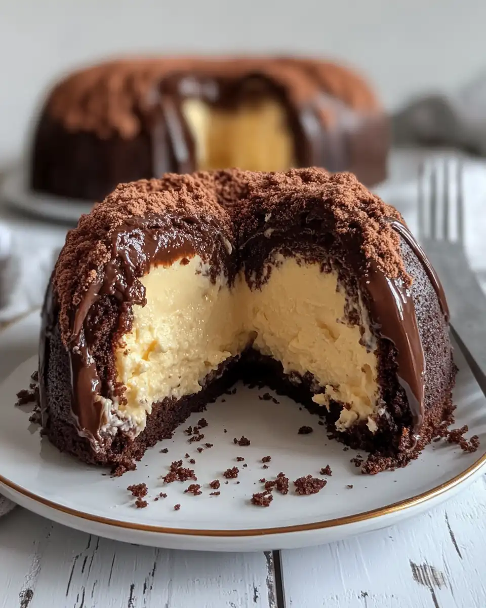 Chocolate Gugelhupf batter layered with cheesecake filling in baking pan