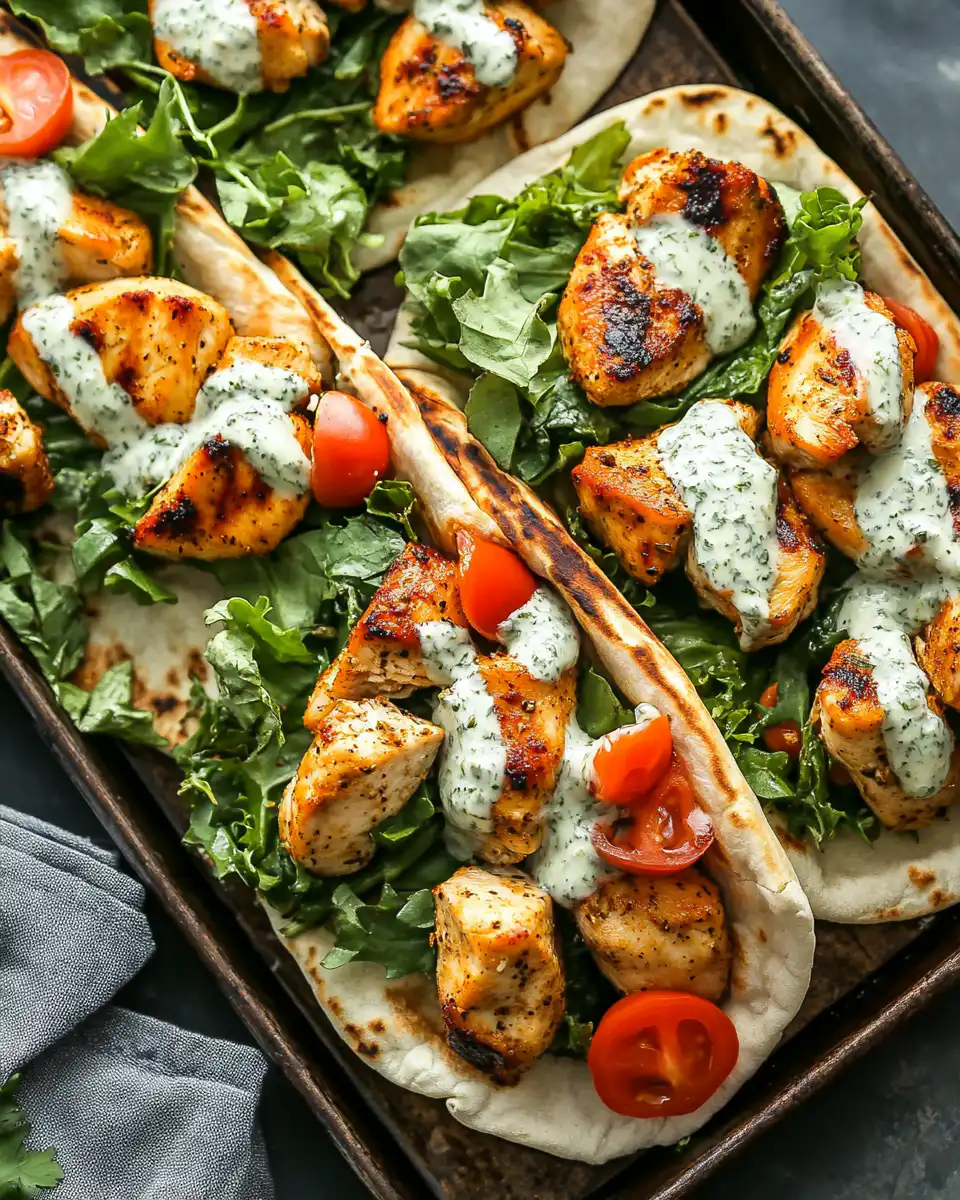 Sheet pan with chicken pitas and herby ranch slaw