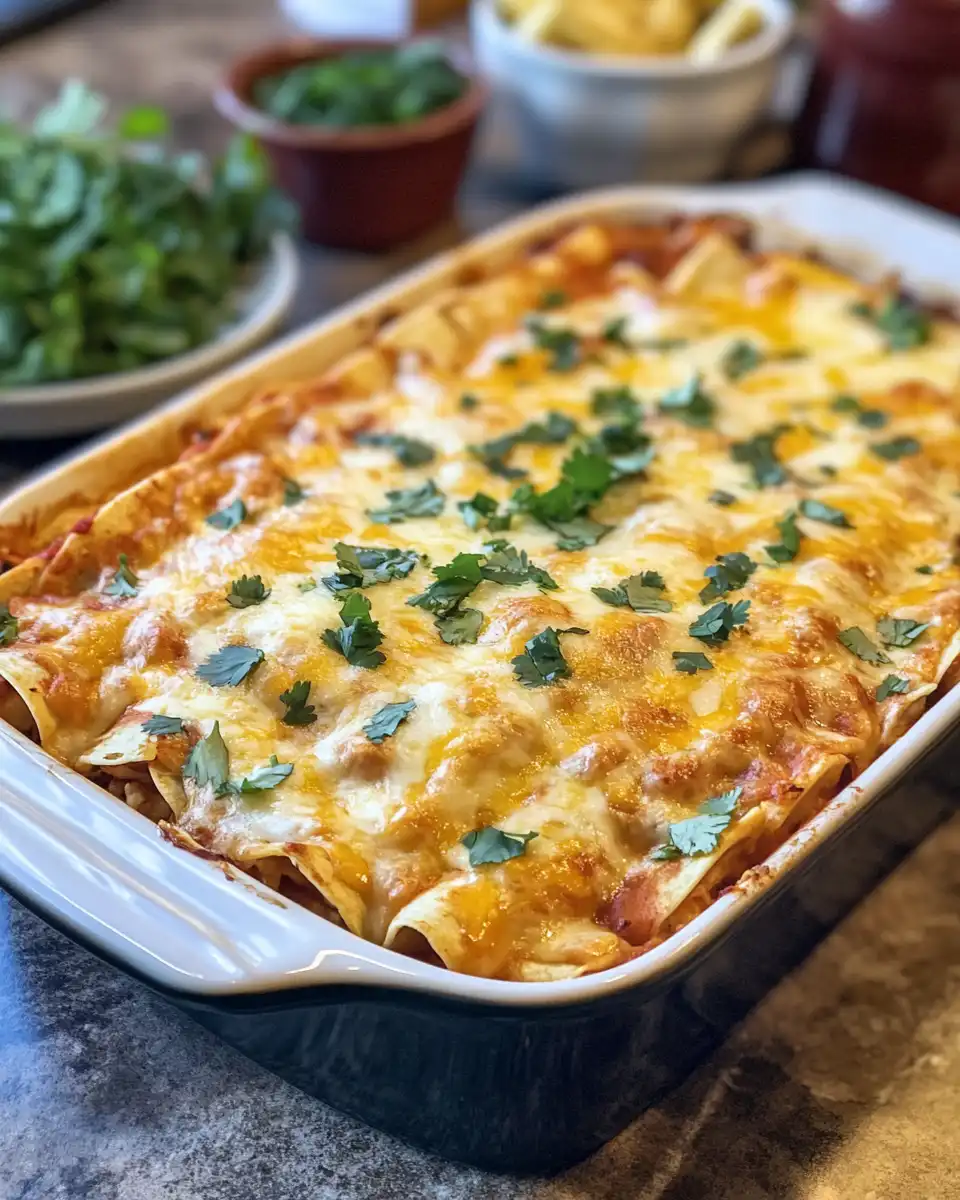 Ingredients and preparation for shredded chicken enchilada casserole