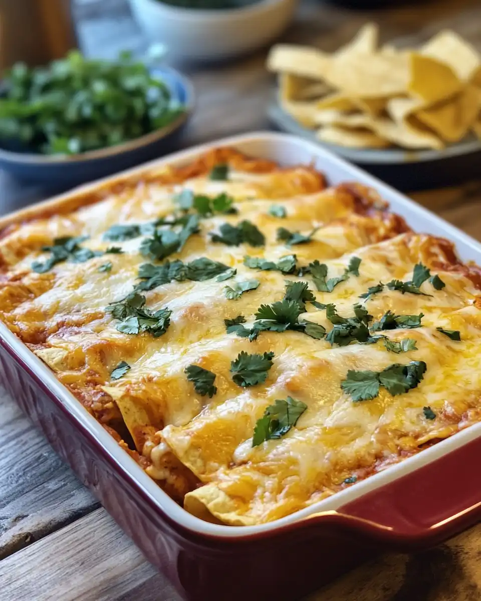 Finished shredded chicken enchilada casserole served with fresh garnish