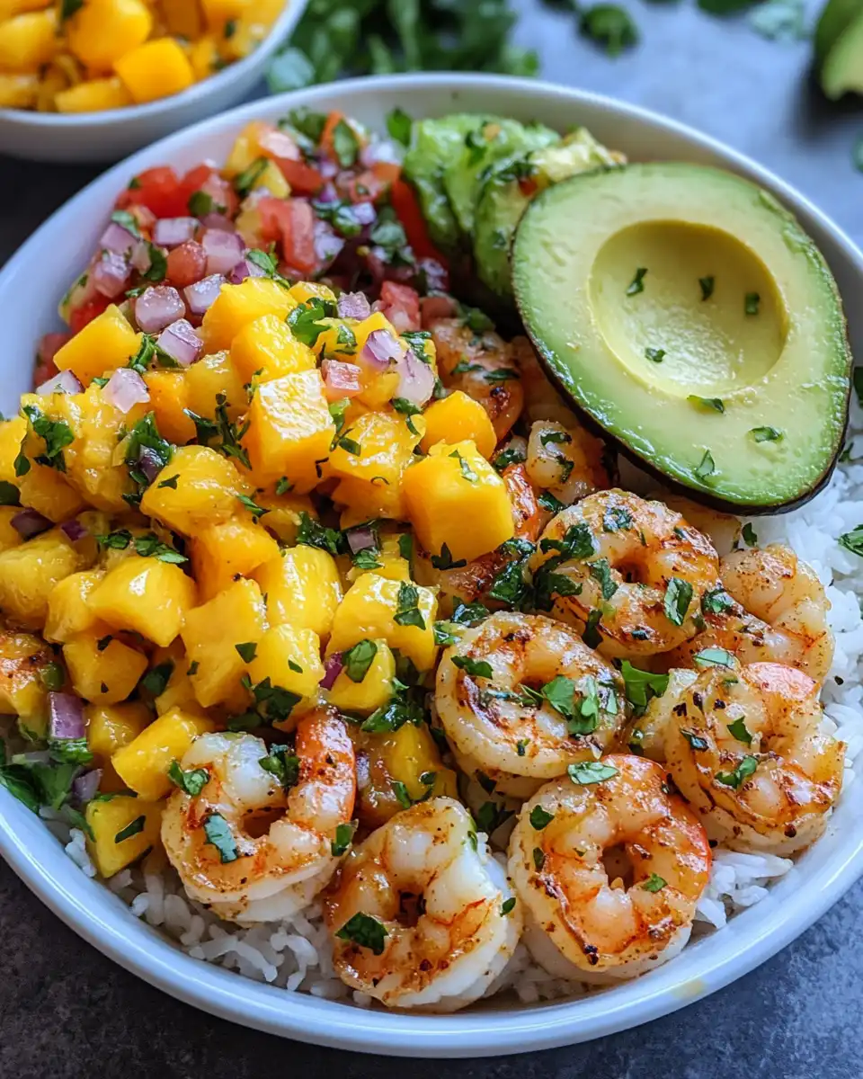 Ingredients for shrimp and mango salsa bowls including olive oil, spices, and fresh mango salsa