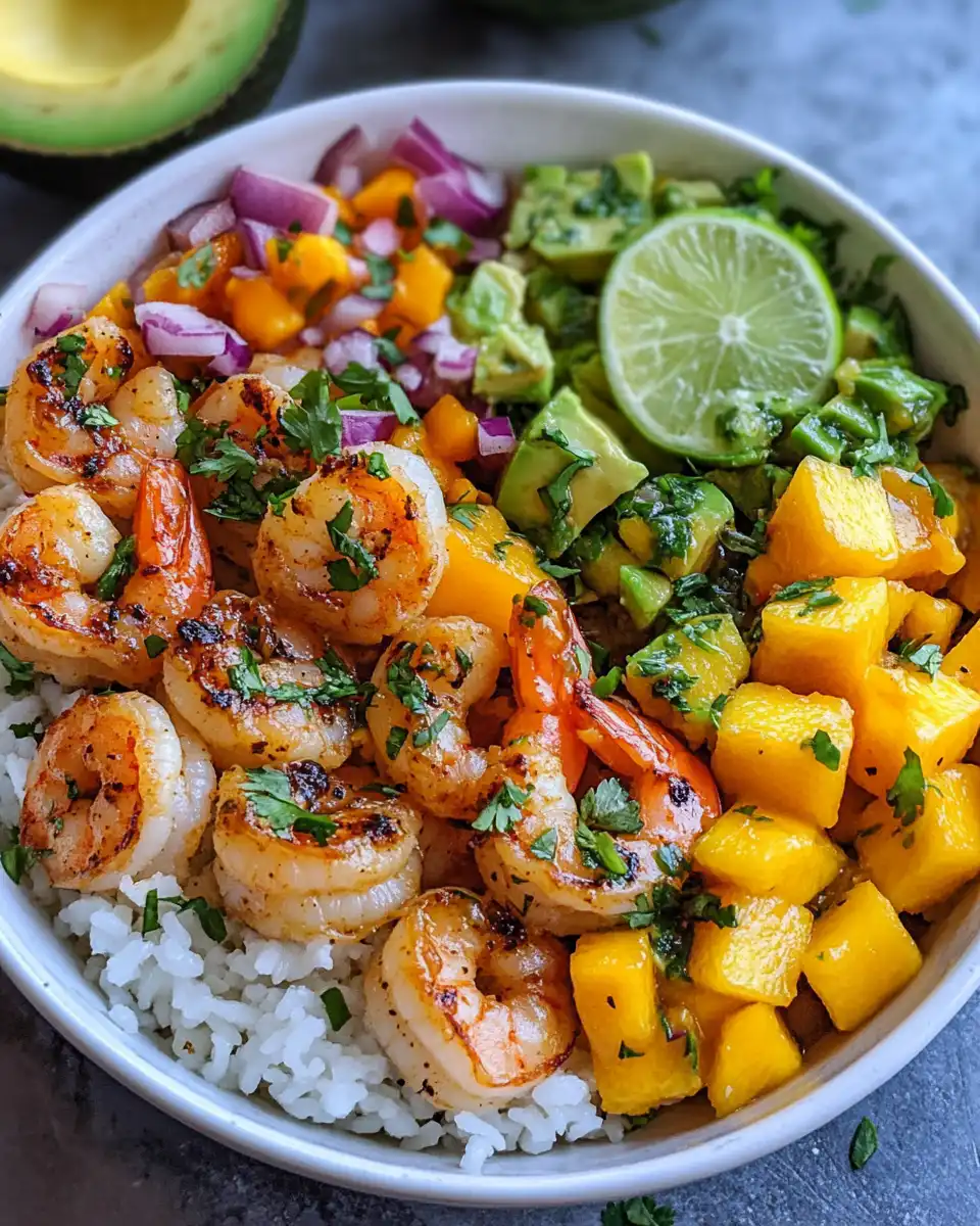 Final assembled shrimp and avocado bowls topped with mango salsa and lime-chili sauce served in bowls