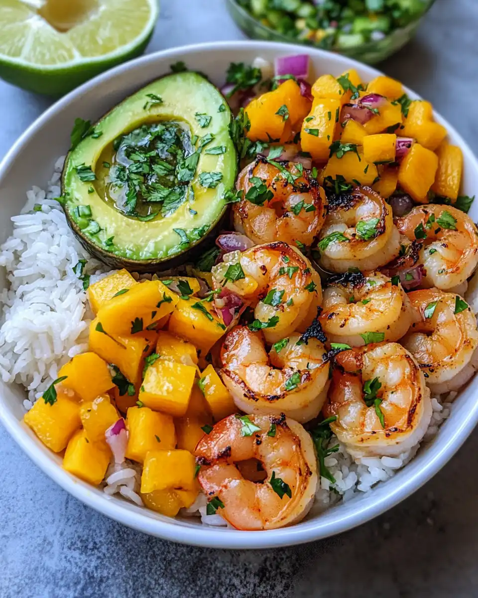 Shrimp and avocado bowls with mango salsa and lime-chili sauce in bowls ready to serve