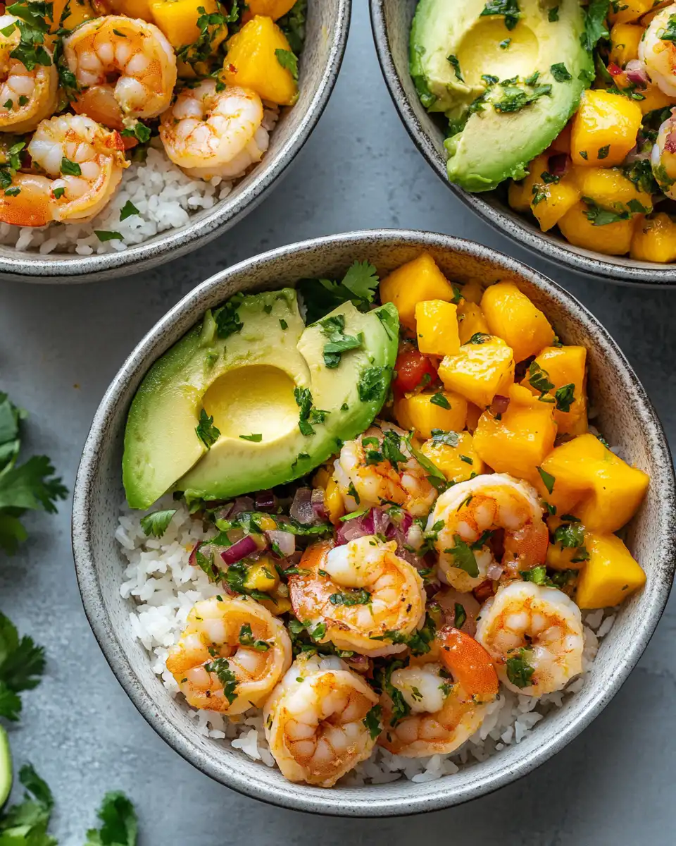 Fresh pressure cooker shrimp avocado bowls with mango salsa