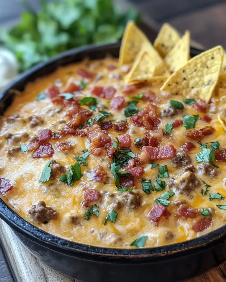 Final cheesy bacon cheeseburger dip ready to serve in bowl