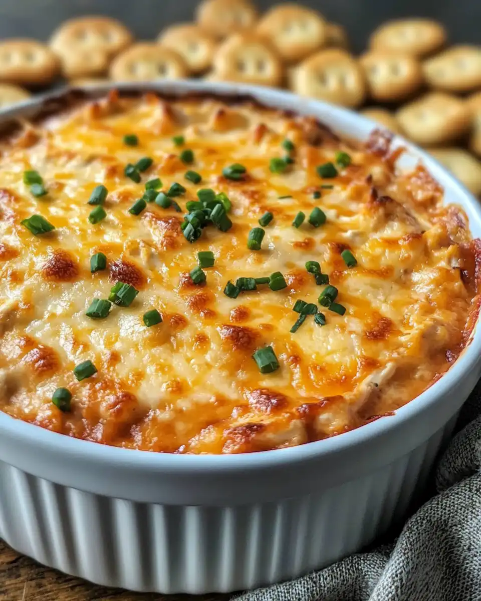 Served BBQ Chicken Dip with melted cheeses and toppings ready to enjoy