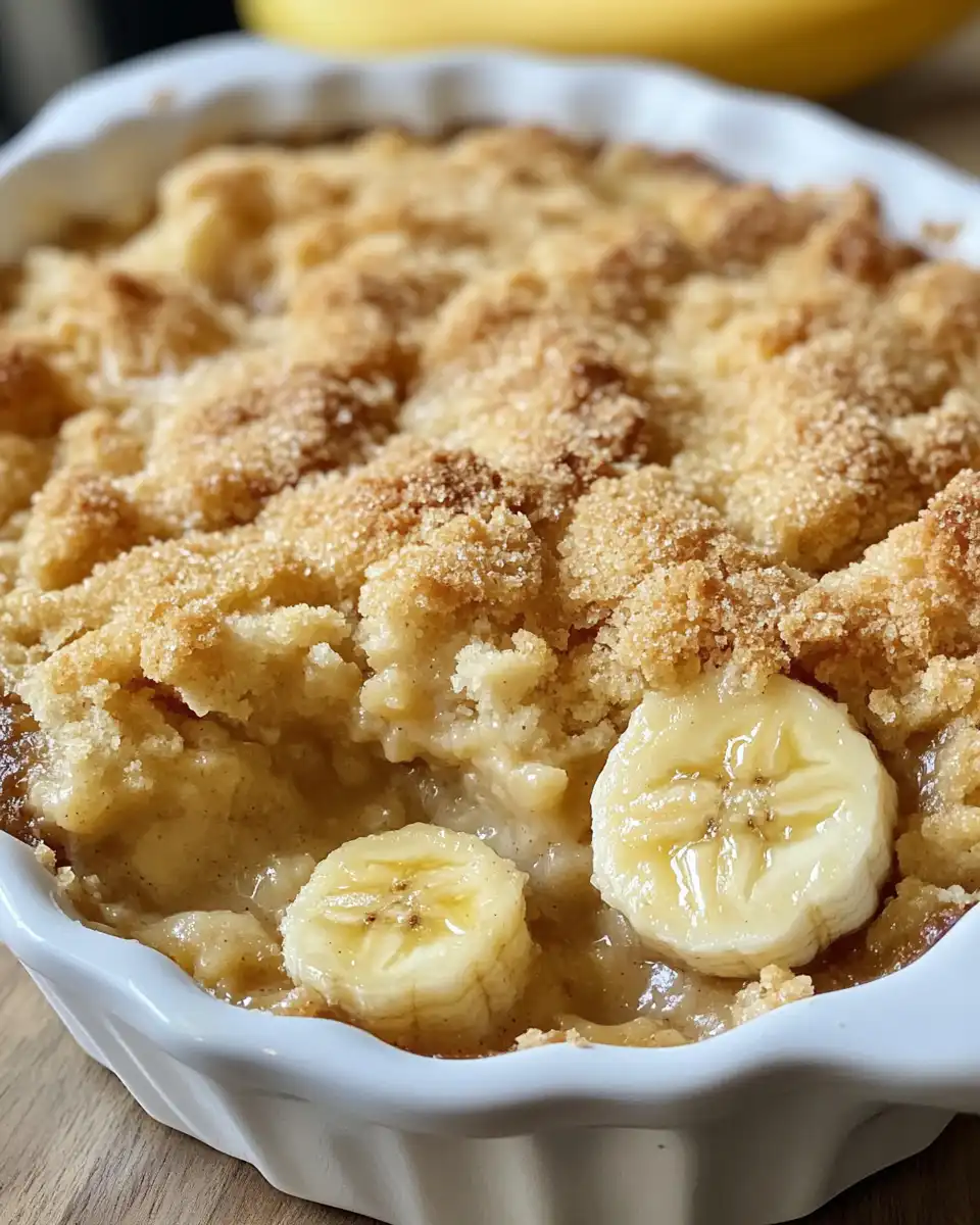 Close up of finished warm banana cobbler with oat pecan topping