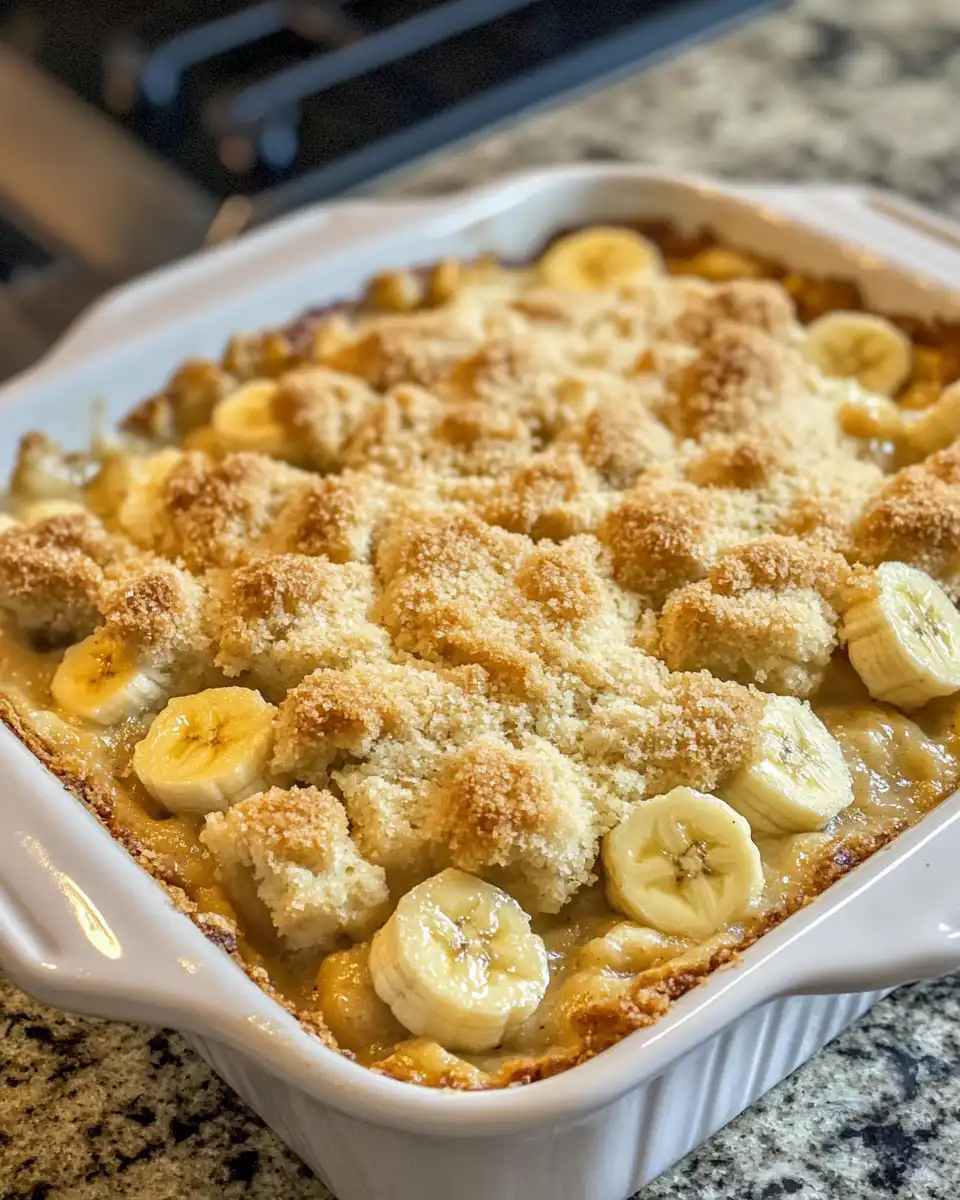 Finished banana cobbler crisp with topping golden brown