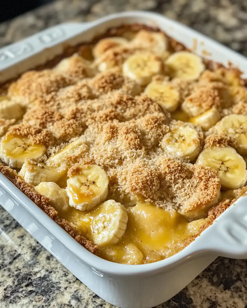 Close up of banana cobbler crisp texture showing oat topping and banana slices