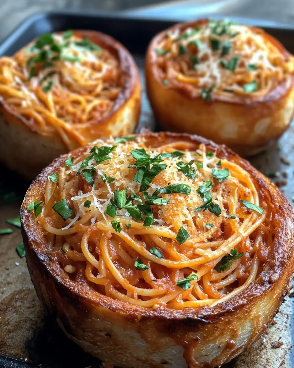 Preparing spaghetti garlic bread bowls in the kitchen