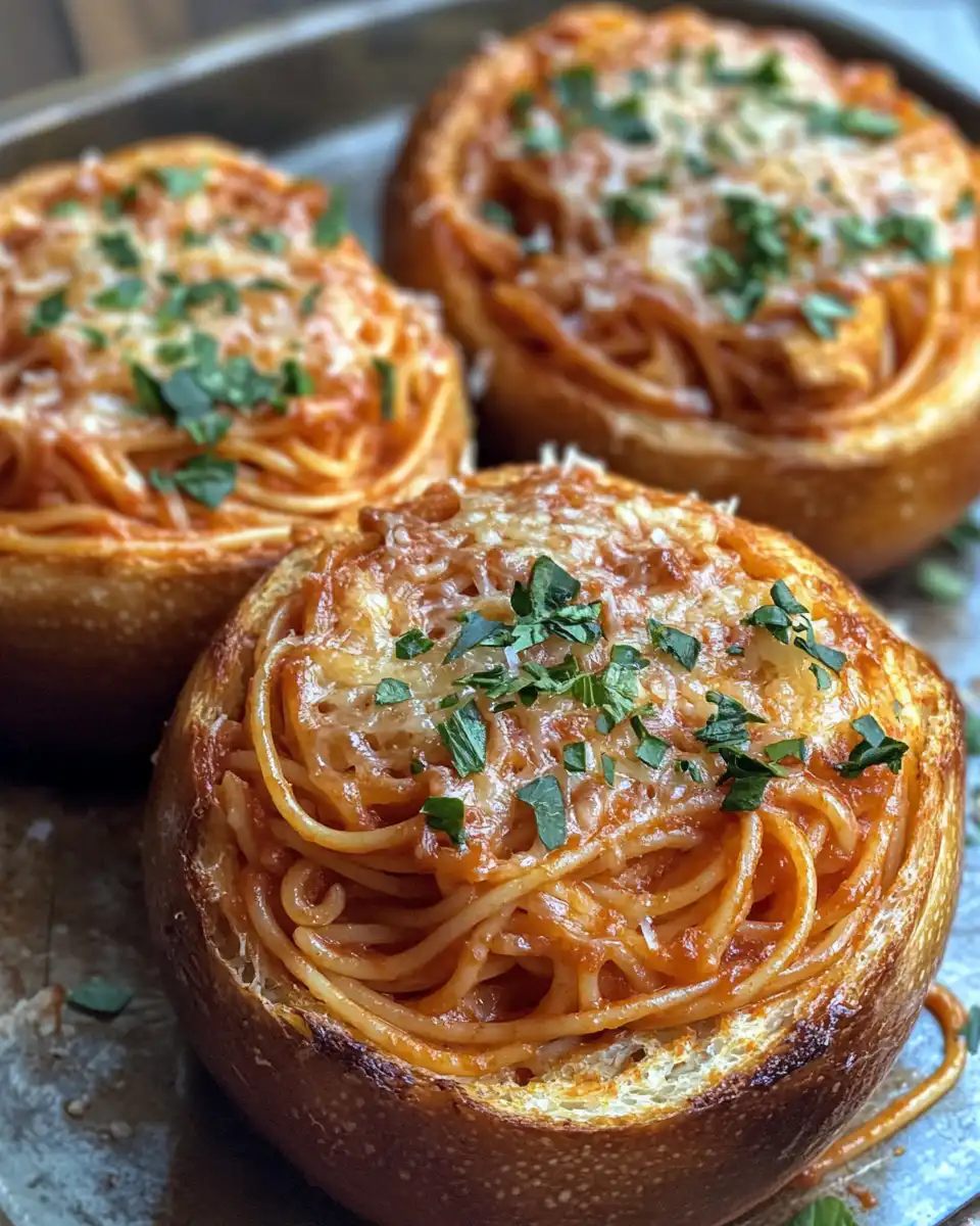 Spaghetti and garlic bread bowls in a dish