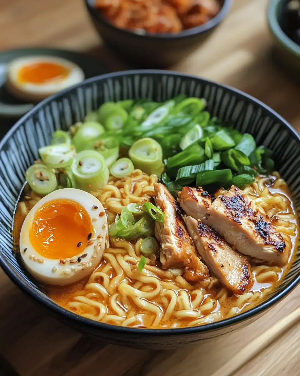 Ingredients for spicy chicken ramen with garlic sauce including chicken thighs and noodles