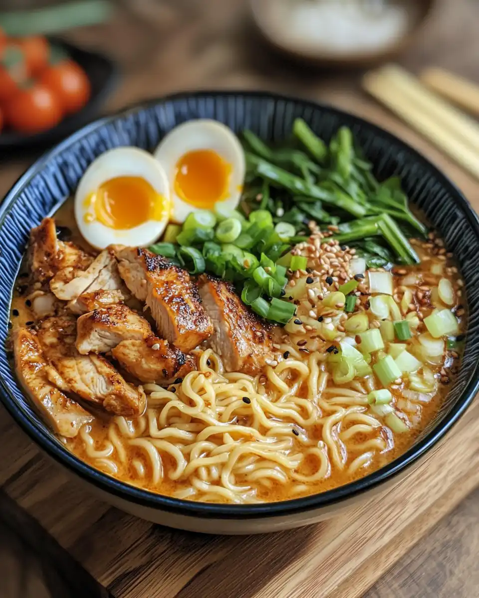 Spicy chicken ramen with creamy garlic sauce in the pressure cooker