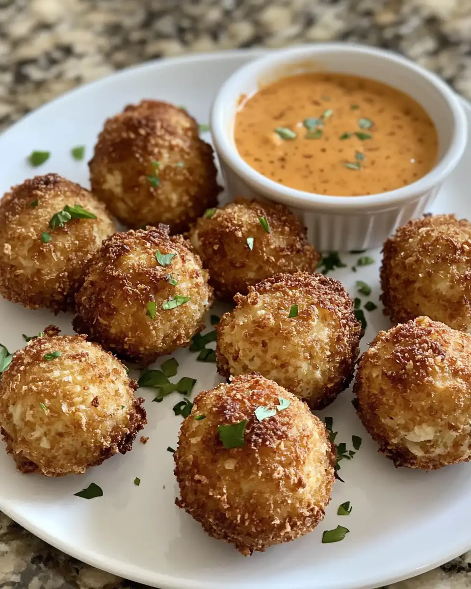 Spicy crispy Reuben balls served with spicy dipping sauce on plate