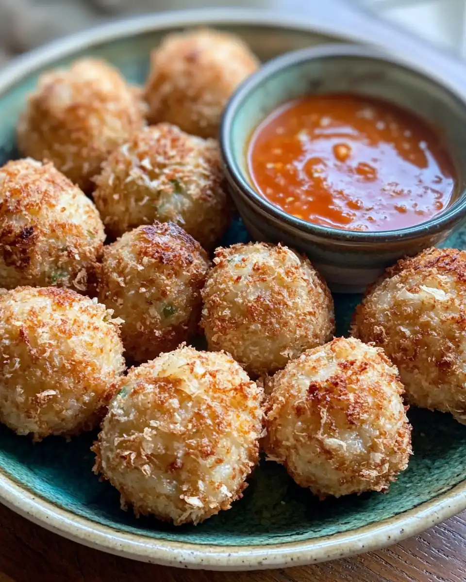 Close up view of crispy Reuben balls showing the cheesy melted filling