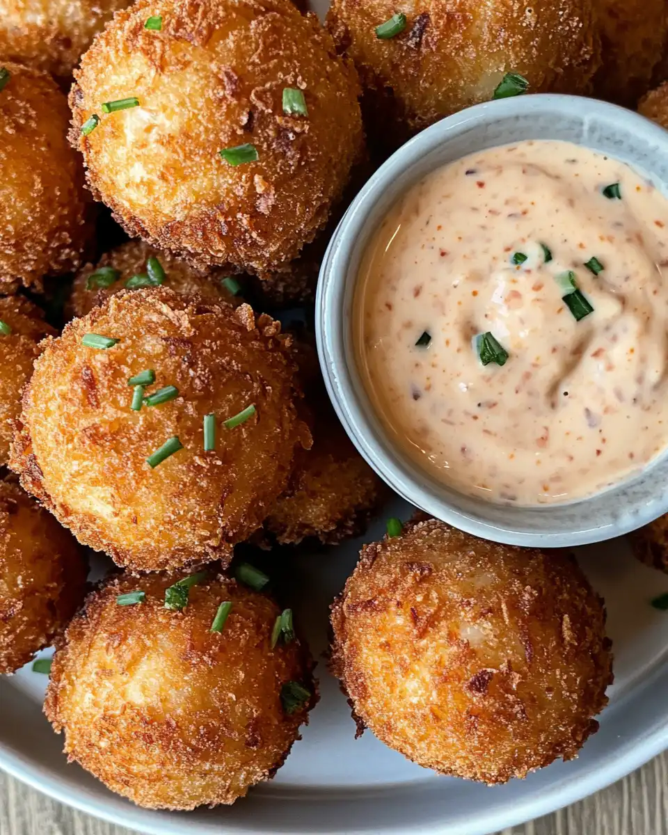 Served spicy crispy Reuben balls with dipping sauce on the side
