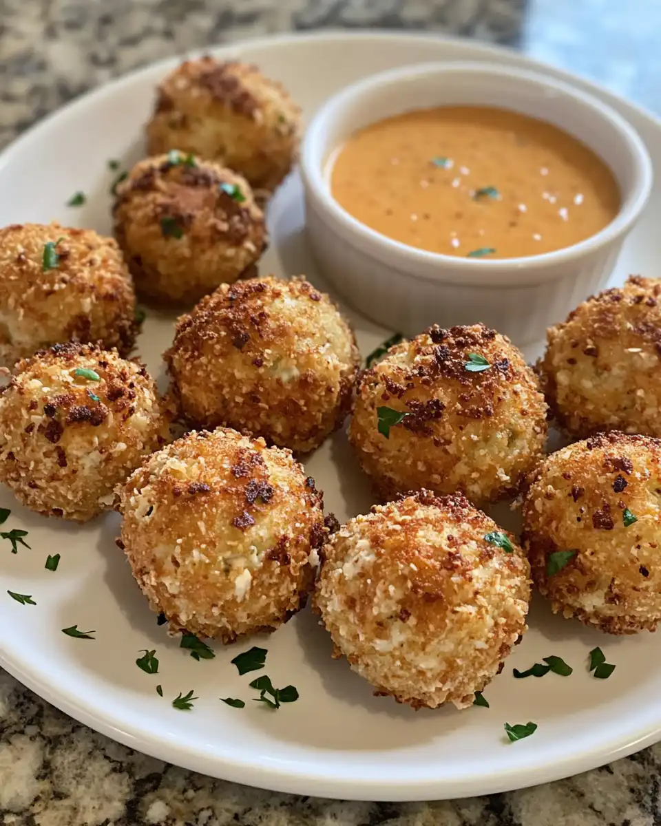 Spicy crispy Reuben balls plated with spicy dipping sauce