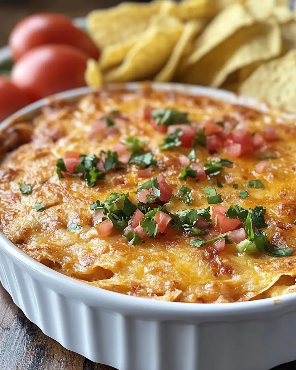 Freshly baked Texas Trash Dip bubbling hot with cheesy crust