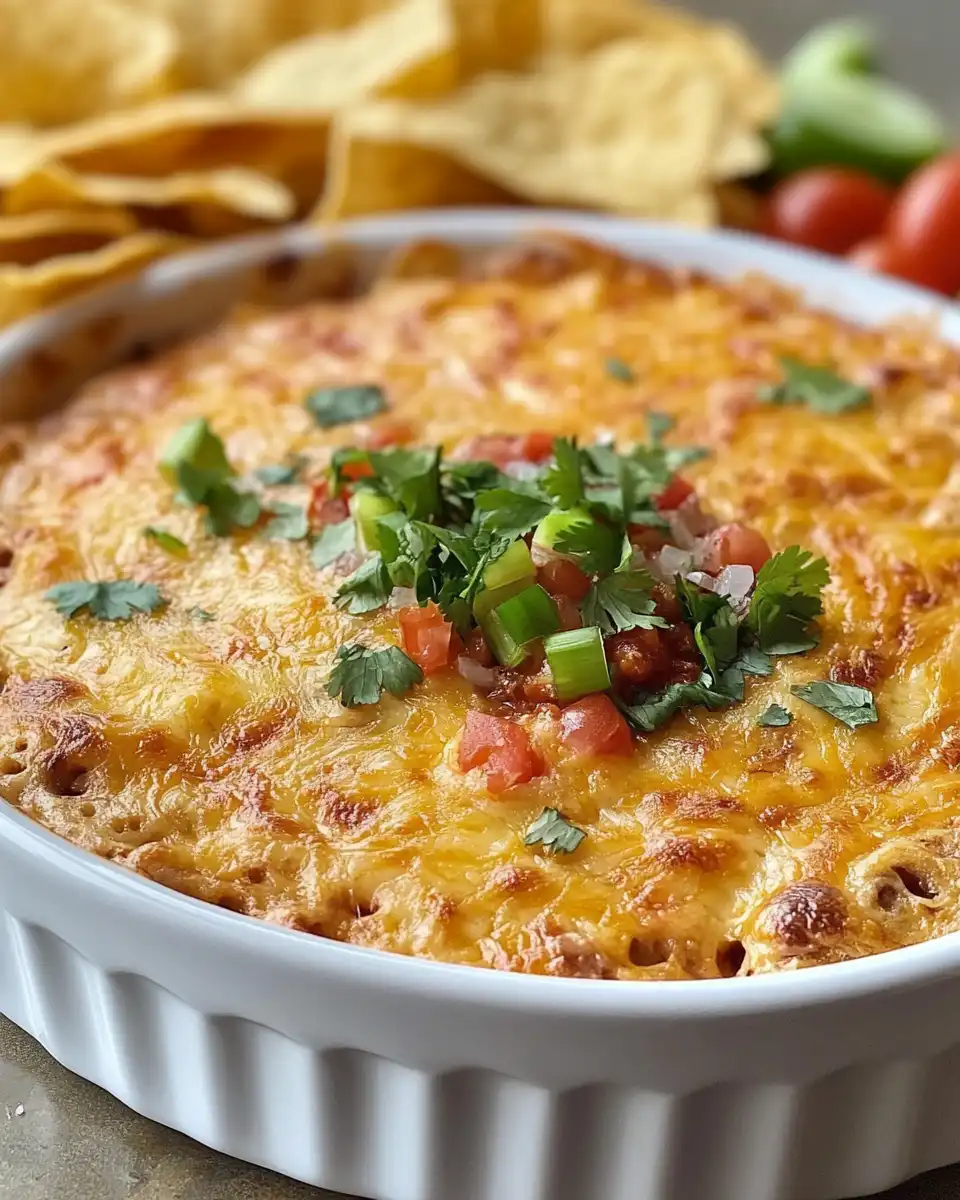 Close up of Texas Trash Dip showing melted cheese and bubbly edges ready to serve