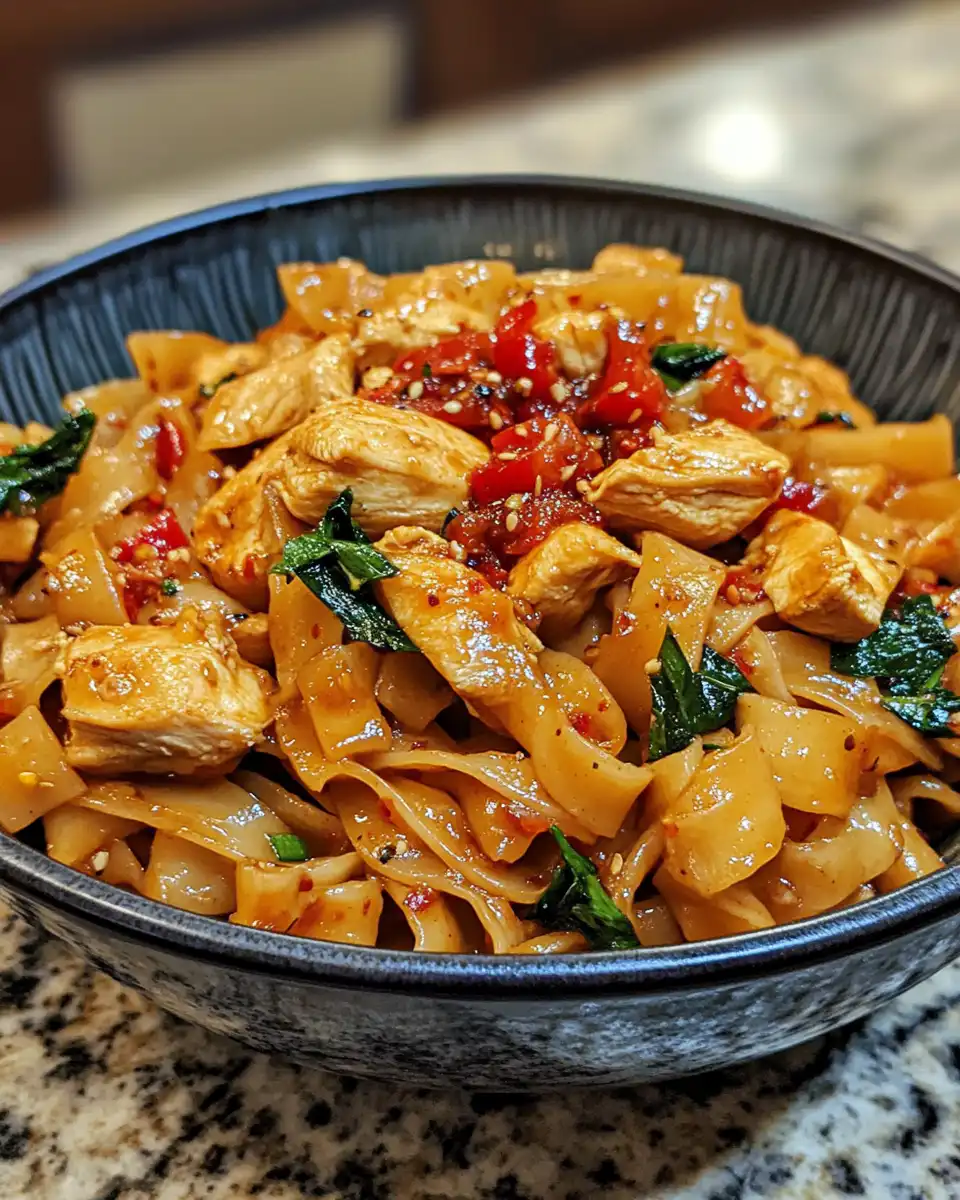 Finished spicy drunken noodles served fresh with chicken and vegetables