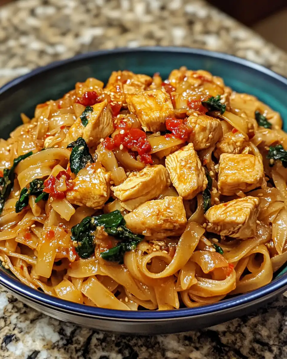Close-up of spicy drunken noodles with chicken cooking in pressure cooker