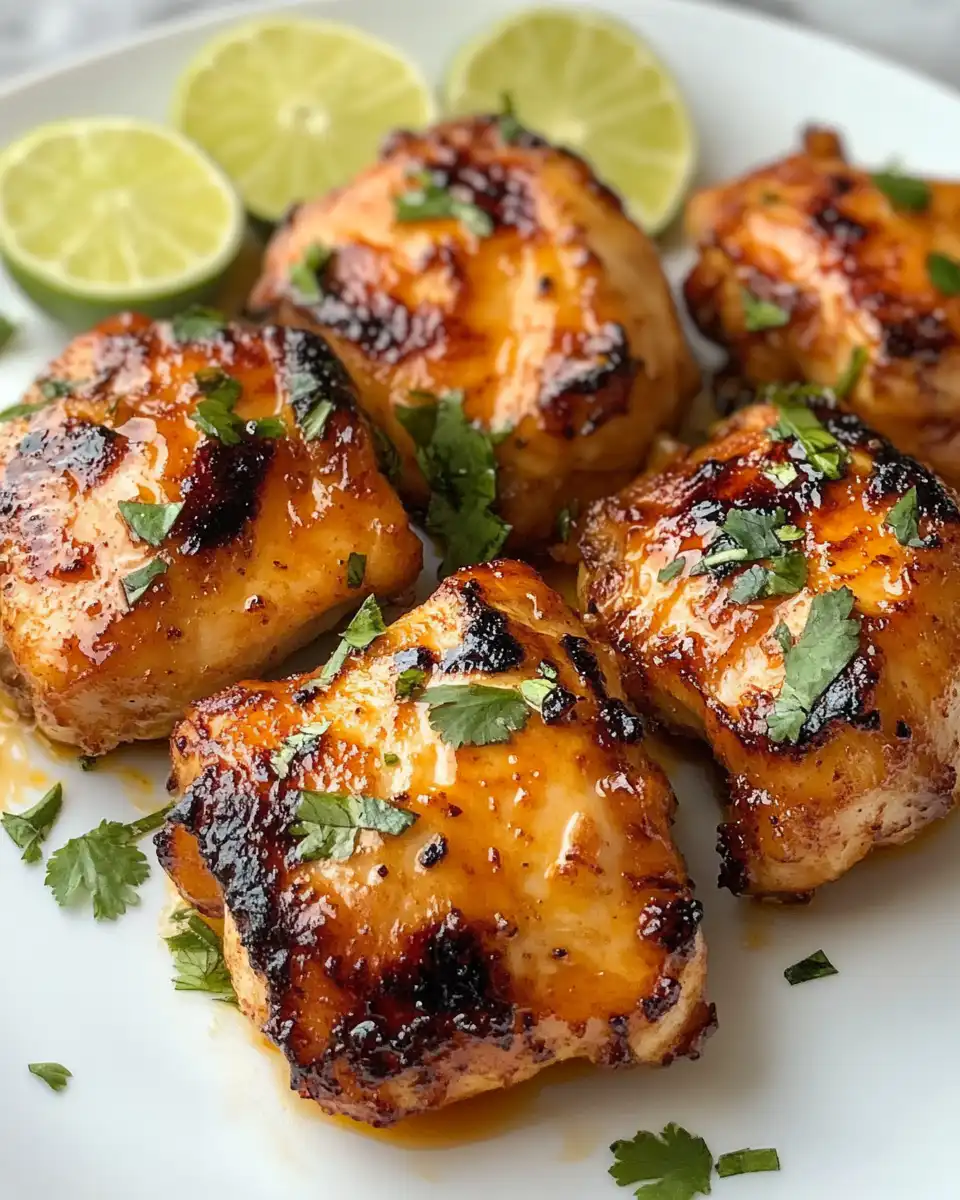 Juicy glazed spicy honey lime chicken thighs ready to serve on plate