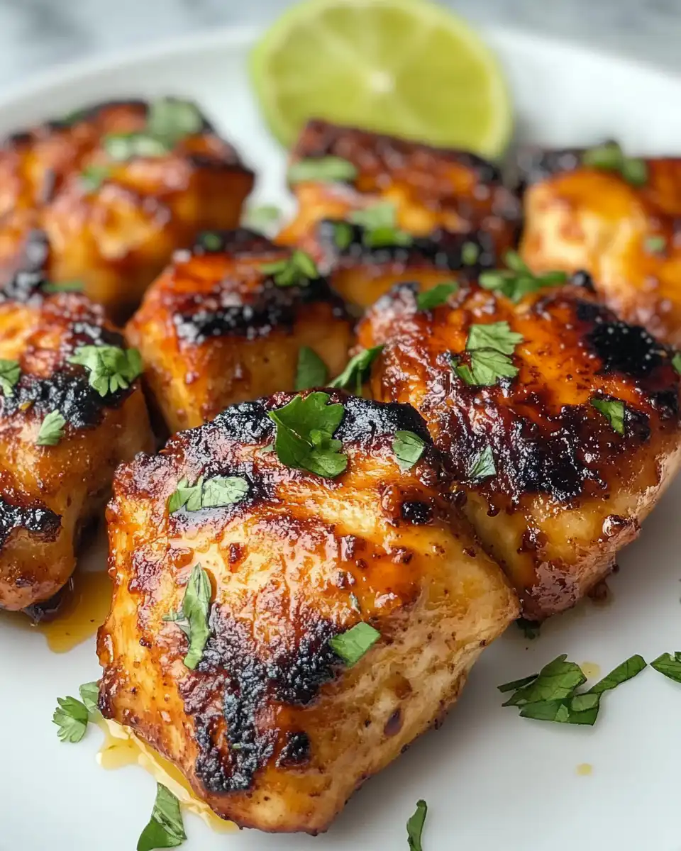 Spicy Honey Lime Chicken thighs cooking in skillet with glaze